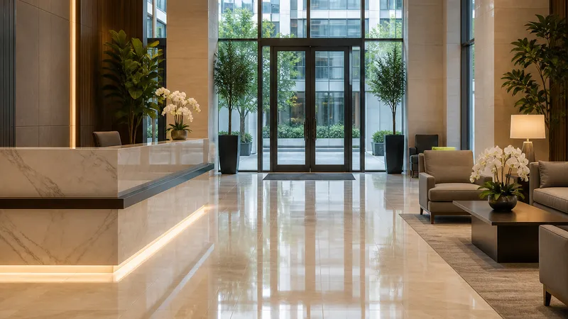 A spotless, professionally cleaned commercial lobby showcasing the impact of first impressions on residents and visitors