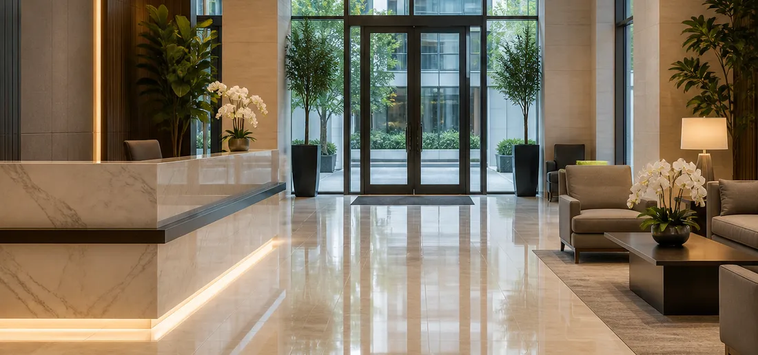 A spotless, professionally cleaned commercial lobby showcasing the impact of first impressions on residents and visitors