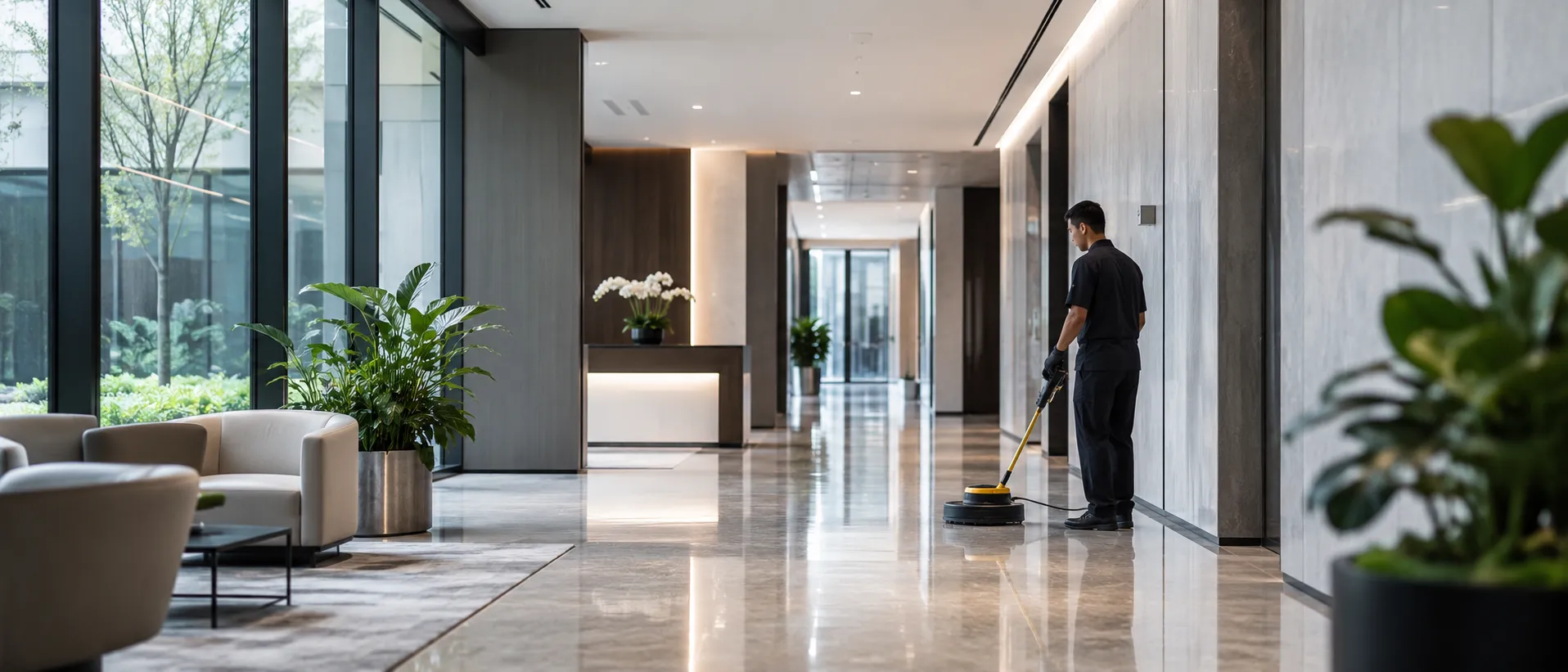 CANSPC cleaner polishing the floor of a modern commercial lobby