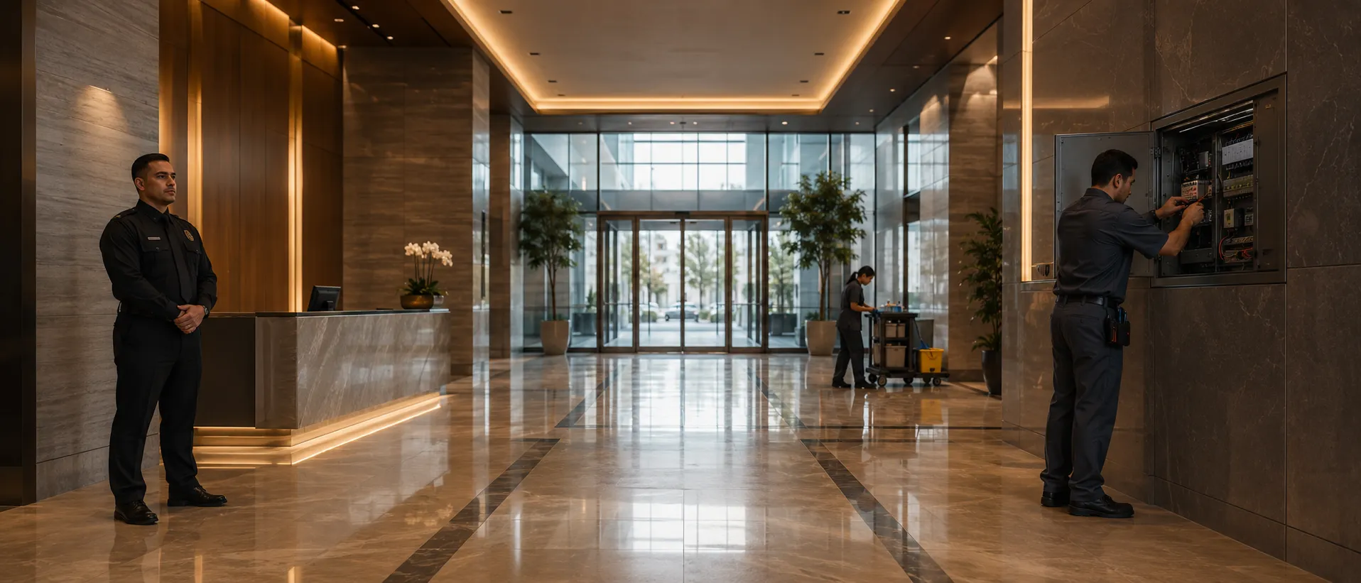 CANSPC security guard, cleaner and maintenance technician at work in a commercial lobby