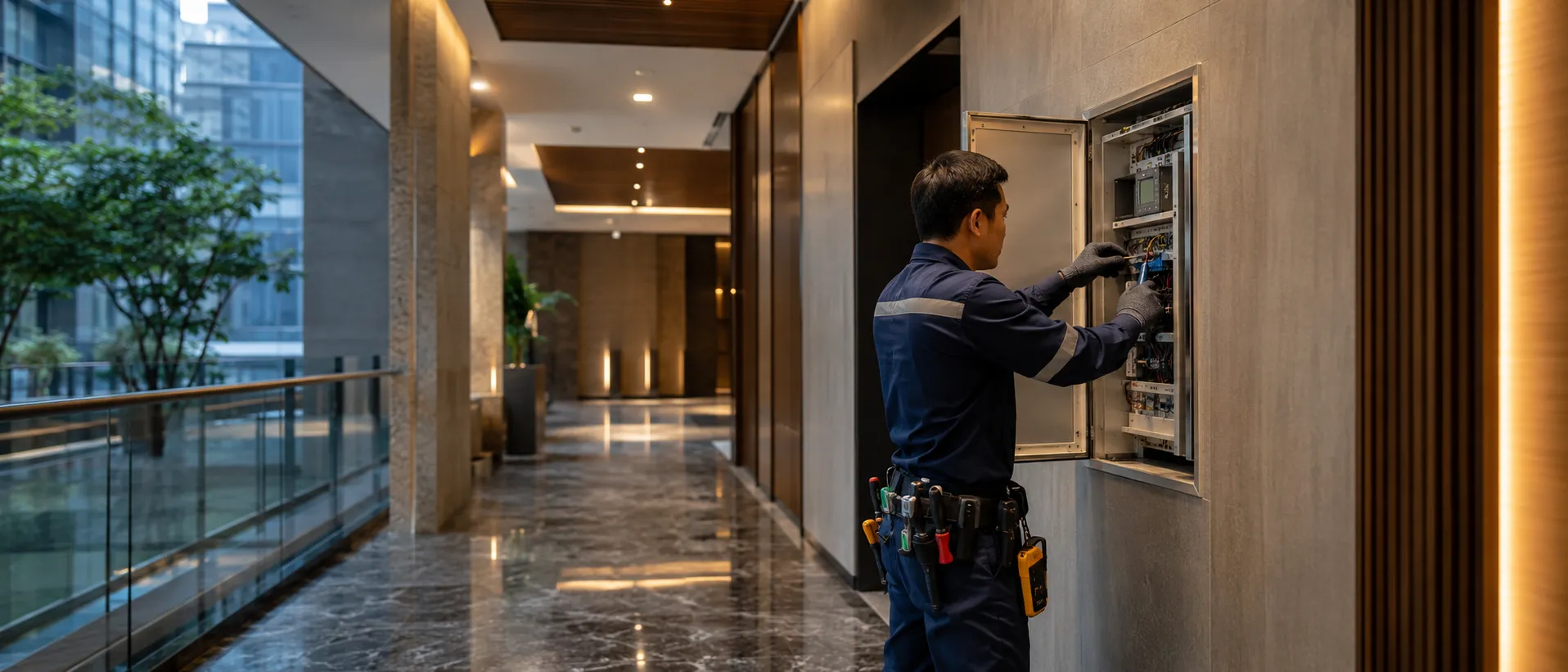 CANSPC maintenance technician servicing a building electrical panel