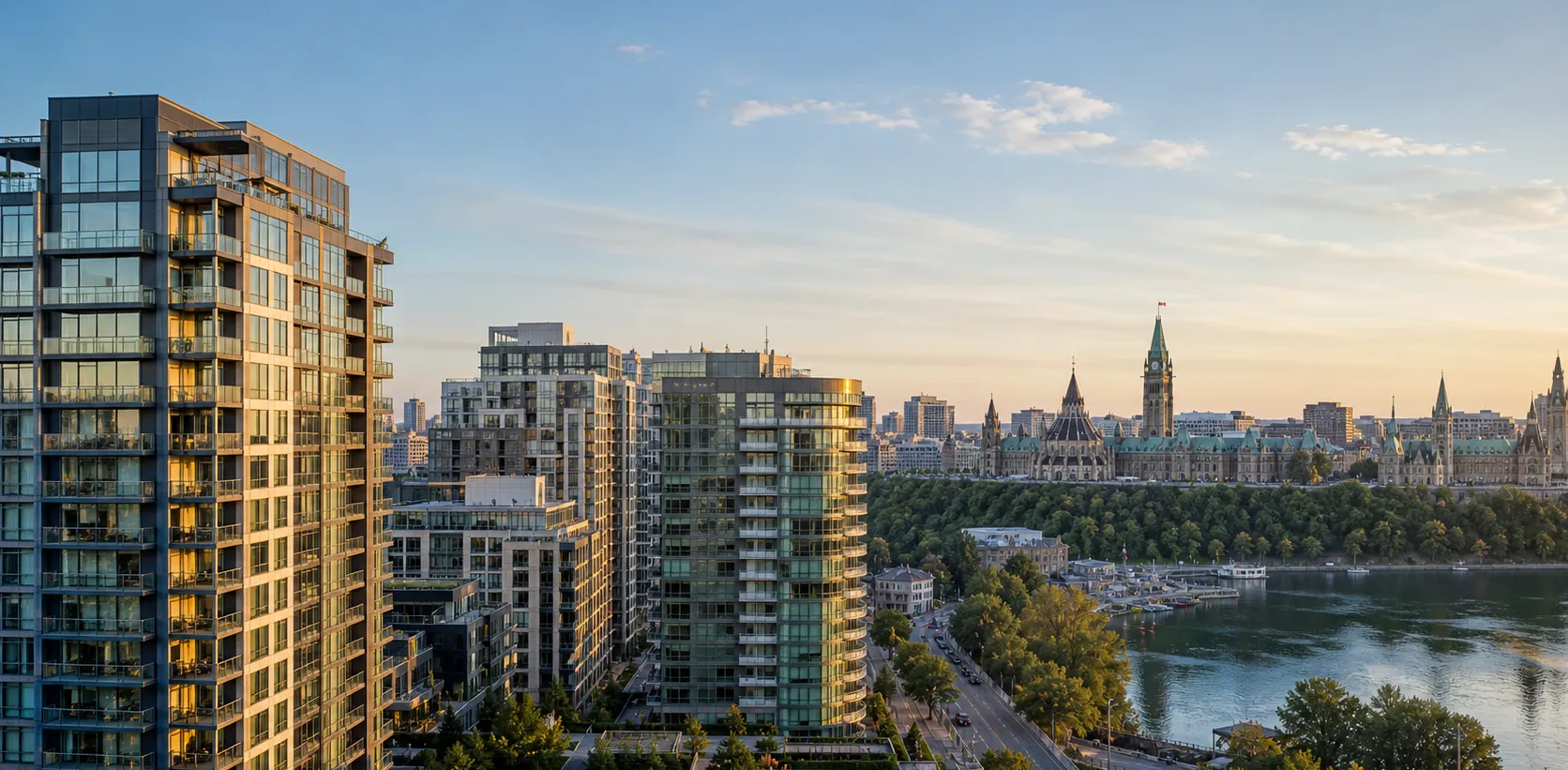Ottawa condominium towers along the Ottawa River with Parliament Hill in the background at golden hour