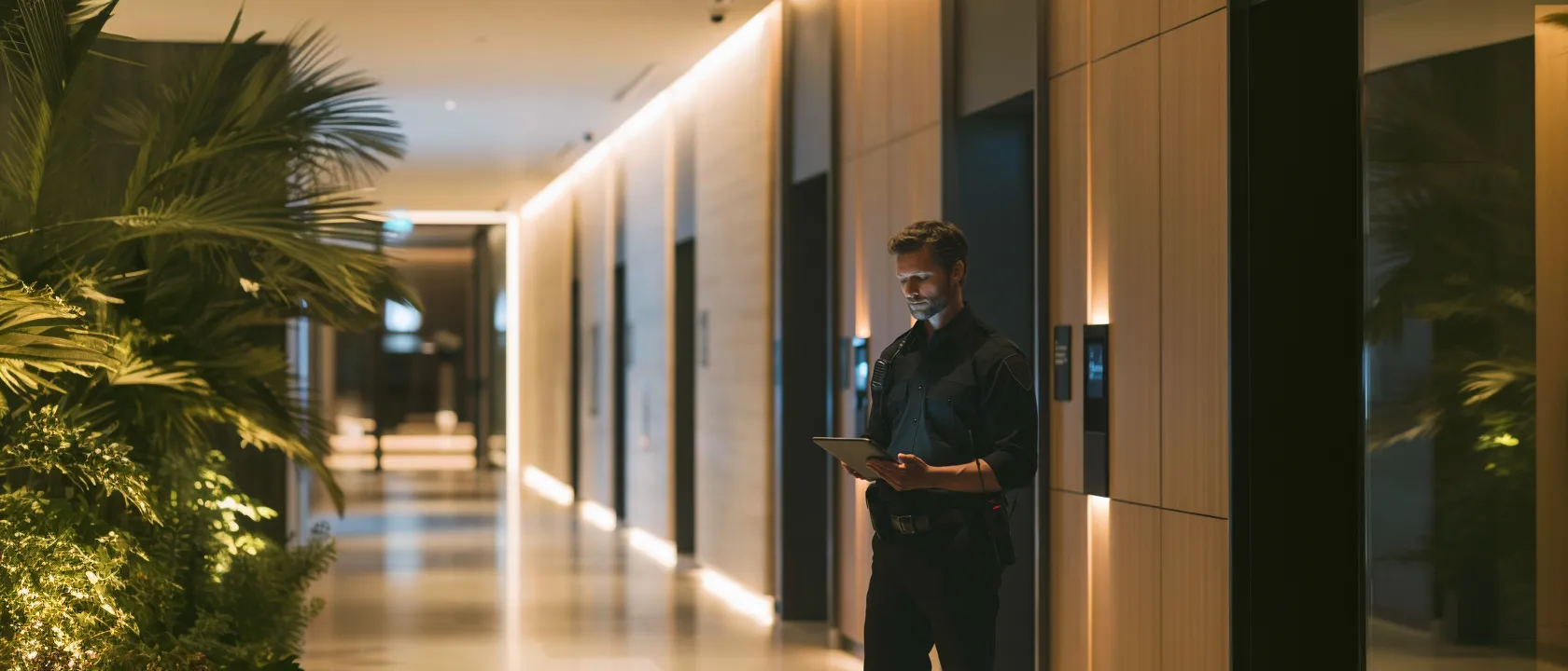 CANSPC security officer posted in a commercial lobby at dusk