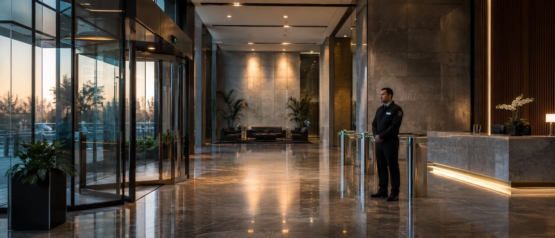CANSPC security officer posted in a commercial lobby at dusk